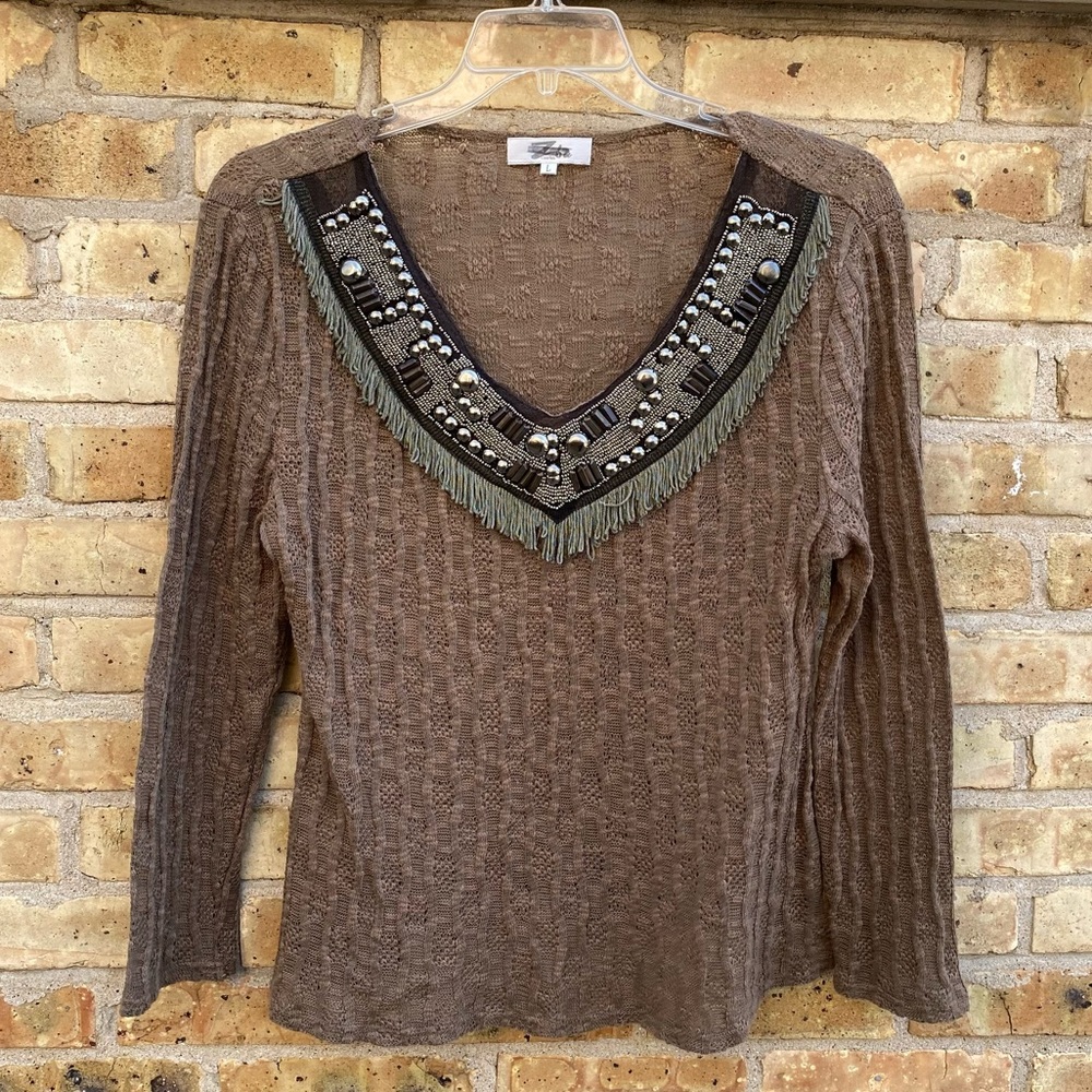 Beaded fringe v-neck sweater top